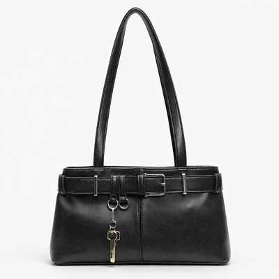 Women's Black Vegan Leather Belted Shoulder Bag