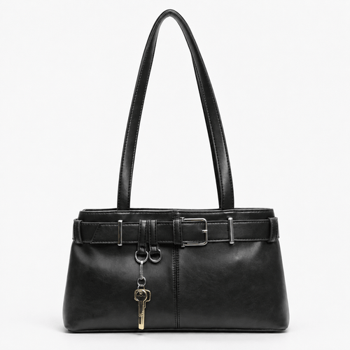 Women's Black Vegan Leather Belted Shoulder Bag