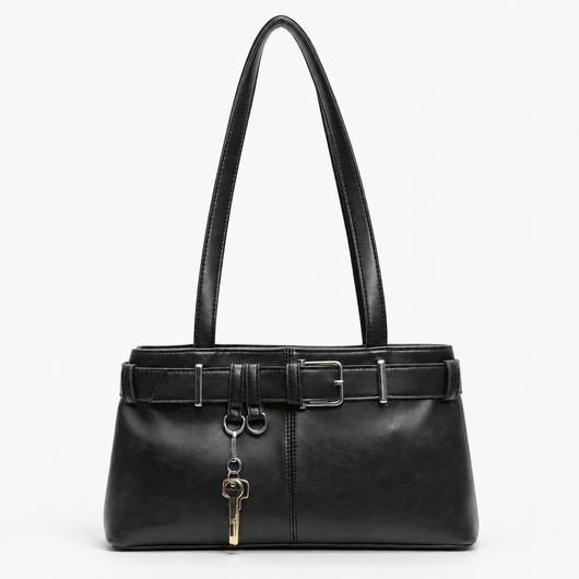 Women's Black Vegan Leather Belted Shoulder Bag