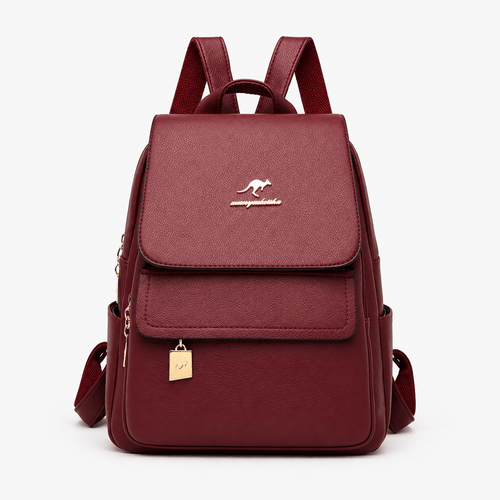 Women's Burgundy PU Leather Backpack with Gold-Tone Hardware