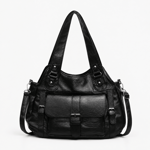 Women's Black Faux Leather Vintage School Handbag with Shoulder Strap