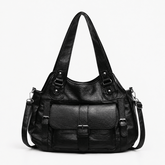 Women's Black Faux Leather Vintage School Handbag with Shoulder Strap
