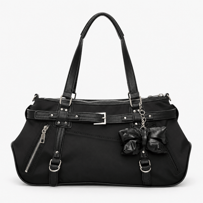 KOREE Black Faux Leather Shoulder Tote Bag with Bow Charm