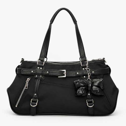 KOREE Black Faux Leather Shoulder Tote Bag with Bow Charm
