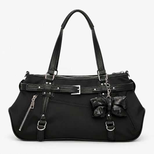KOREE Black Faux Leather Shoulder Tote Bag with Bow Charm