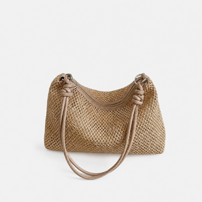 Alia Beige Woven Straw Hobo Bag with Zip Closure