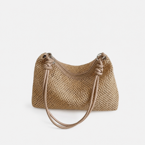 Alia Beige Woven Straw Hobo Bag with Zip Closure