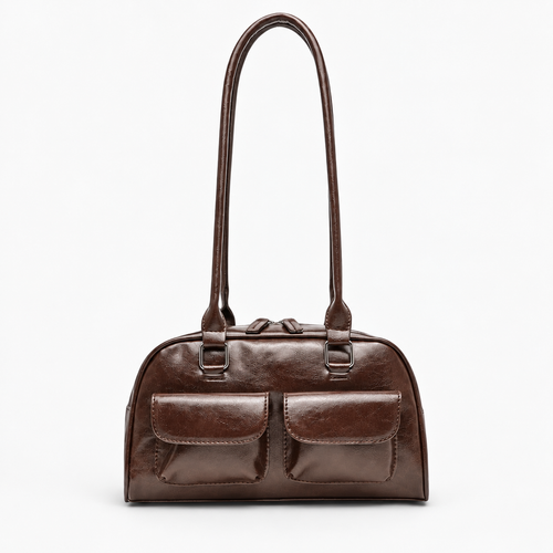 Brown Synthetic Leather Multi-Pocket Handbag