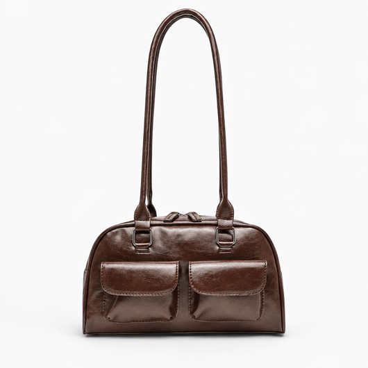 Brown Synthetic Leather Multi-Pocket Handbag