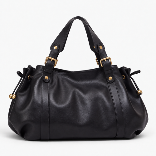 Enora Large Black Faux Leather Bowling Handbag