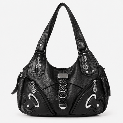 Black Faux Leather Multi-Pocket School Handbag