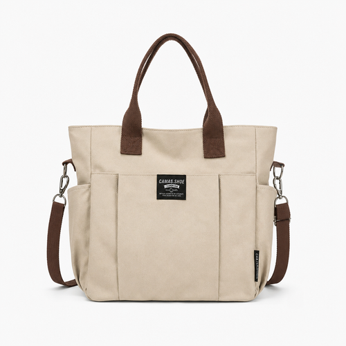 Women's Beige and Brown Canvas Multi-Pocket Tote Bag with Shoulder Strap
