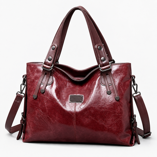 Women's Vintage Burgundy PU Leather Tote Handbag with Shoulder Strap