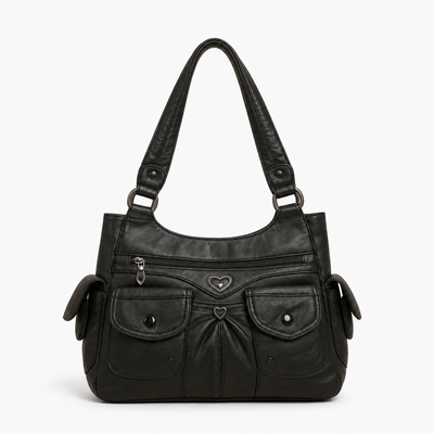 Louise Black PU Leather Multi-Pocket Shoulder Bag Solid