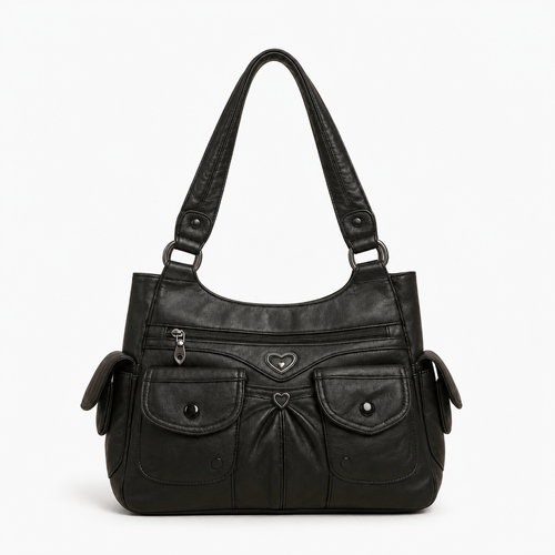 Louise Black PU Leather Multi-Pocket Shoulder Bag Solid