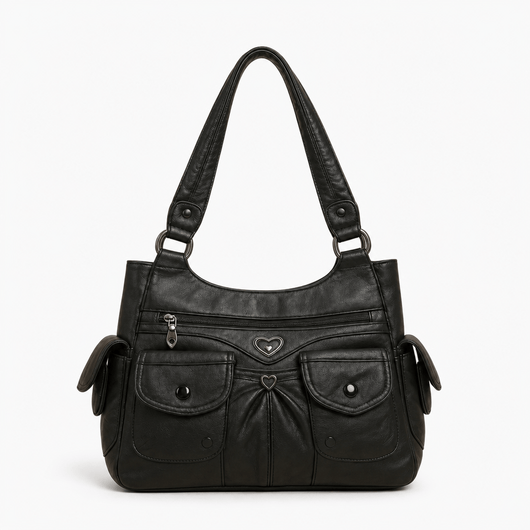 Louise Black PU Leather Multi-Pocket Shoulder Bag Solid