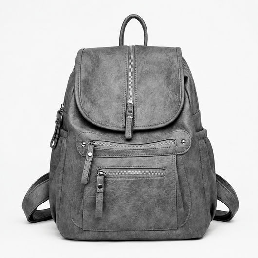 Women's Vintage Grey PU Leather Multi-Pocket Backpack