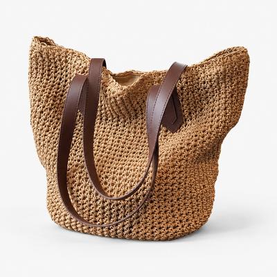 Lina Large Braided Straw Tote Bag with Brown Straps