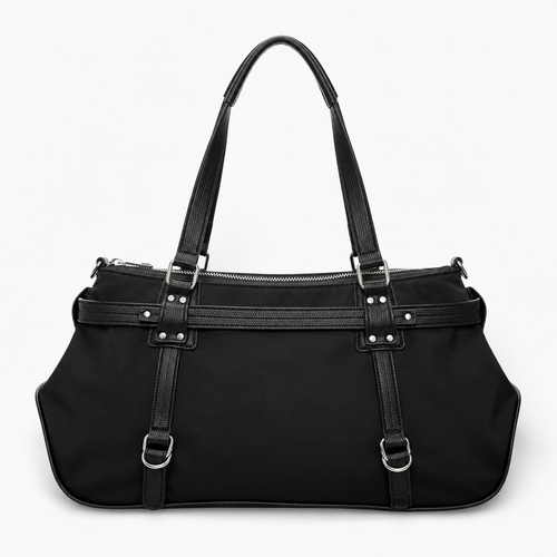 KOREE Black Faux Leather Shoulder Tote Bag with Bow Charm