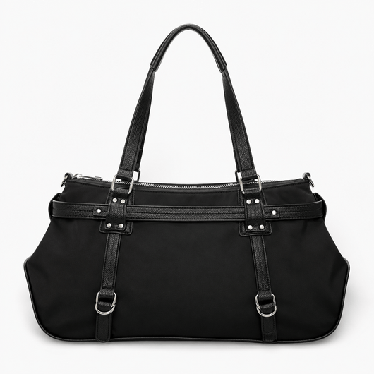 KOREE Black Faux Leather Shoulder Tote Bag with Bow Charm