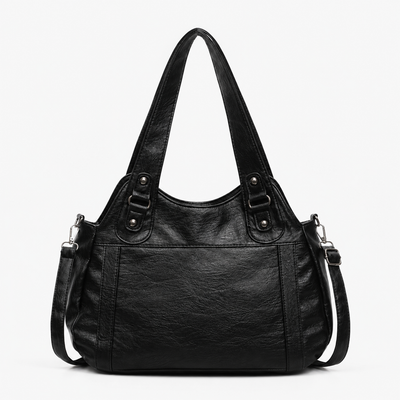 Women's Black Faux Leather Vintage School Handbag with Shoulder Strap