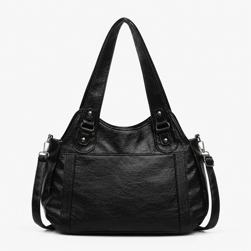 Women's Black Faux Leather Vintage School Handbag with Shoulder Strap