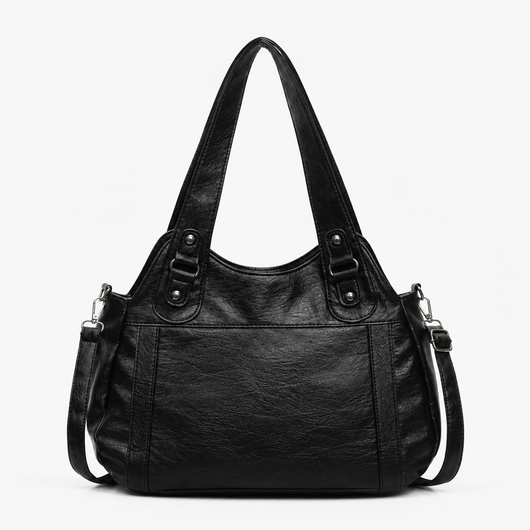 Women's Black Faux Leather Vintage School Handbag with Shoulder Strap