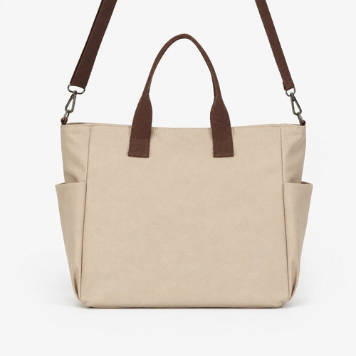 Women's Beige and Brown Canvas Multi-Pocket Tote Bag with Shoulder Strap