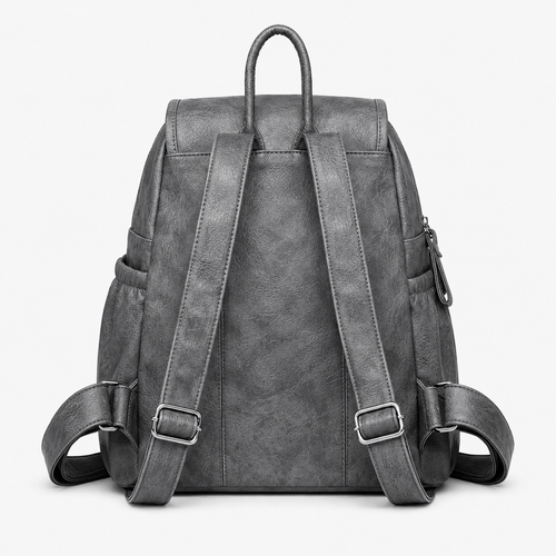 Women's Vintage Grey PU Leather Multi-Pocket Backpack