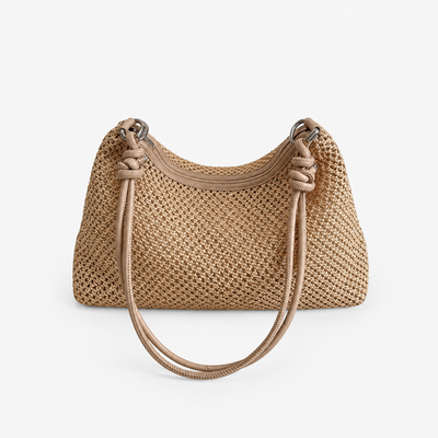 Alia Beige Woven Straw Hobo Bag with Zip Closure