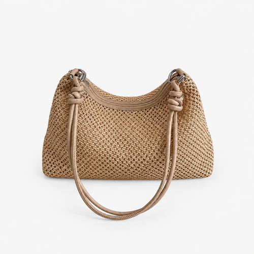 Alia Beige Woven Straw Hobo Bag with Zip Closure
