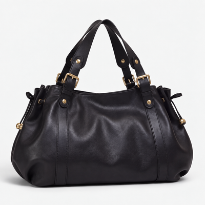 Enora Large Black Faux Leather Bowling Handbag