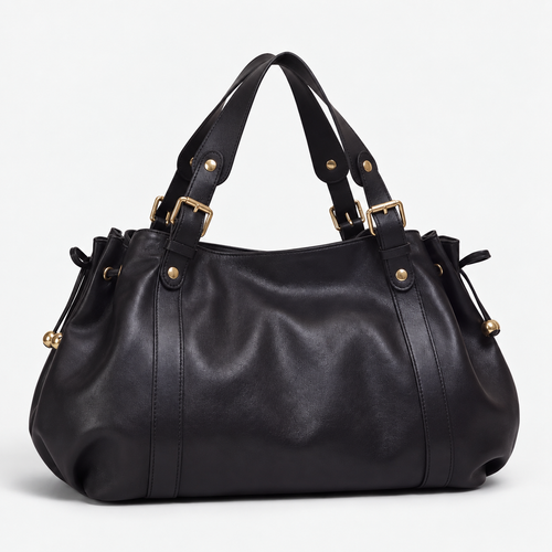 Enora Large Black Faux Leather Bowling Handbag