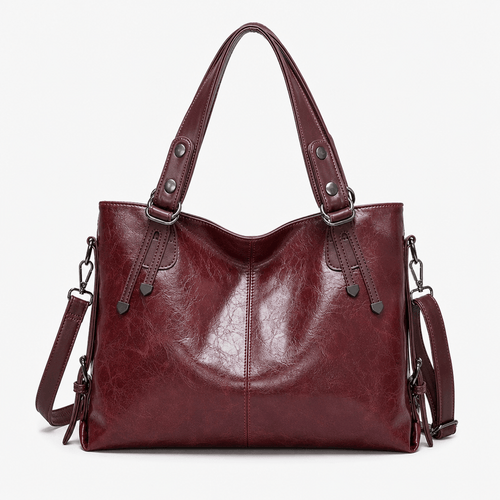 Women's Vintage Burgundy PU Leather Tote Handbag with Shoulder Strap