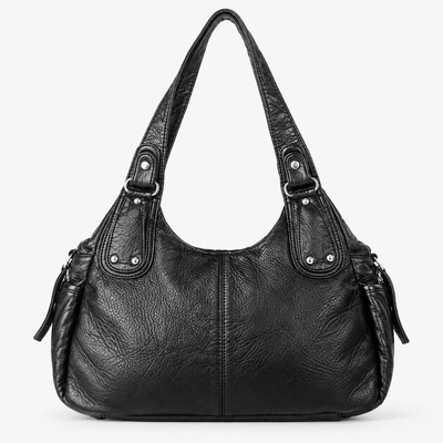 Black Faux Leather Multi-Pocket School Handbag