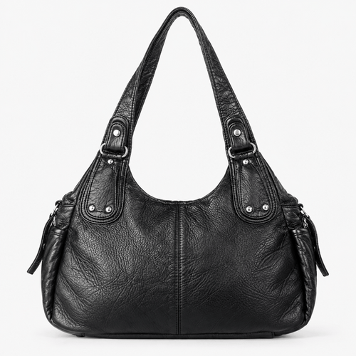 Black Faux Leather Multi-Pocket School Handbag
