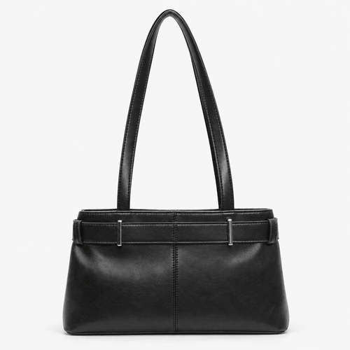 Women's Black Vegan Leather Belted Shoulder Bag