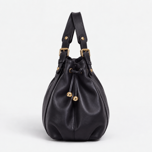 Enora Large Black Faux Leather Bowling Handbag