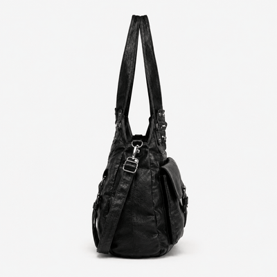 Women's Black Faux Leather Vintage School Handbag with Shoulder Strap