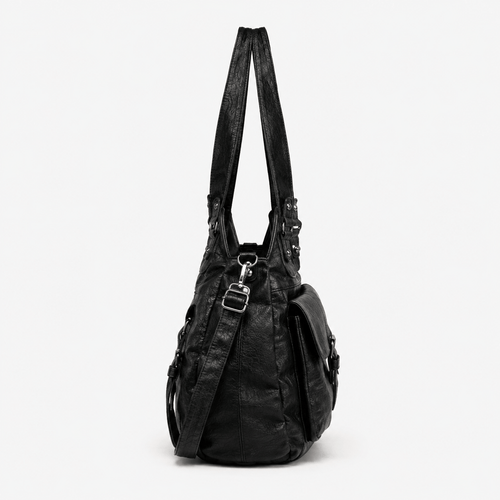 Women's Black Faux Leather Vintage School Handbag with Shoulder Strap