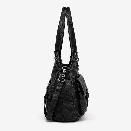 Women's Black Faux Leather Vintage School Handbag with Shoulder Strap