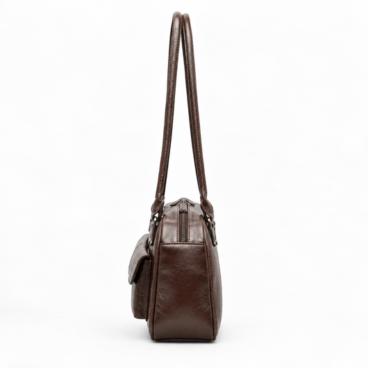 Brown Synthetic Leather Multi-Pocket Handbag
