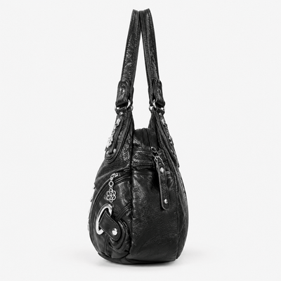 Black Faux Leather Multi-Pocket School Handbag