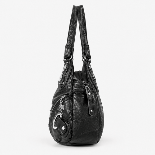 Black Faux Leather Multi-Pocket School Handbag