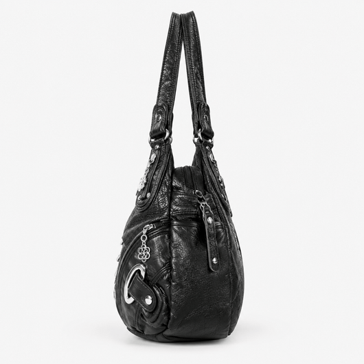 Black Faux Leather Multi-Pocket School Handbag