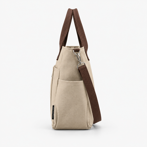 Women's Beige and Brown Canvas Multi-Pocket Tote Bag with Shoulder Strap