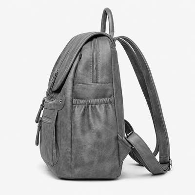 Women's Vintage Grey PU Leather Multi-Pocket Backpack