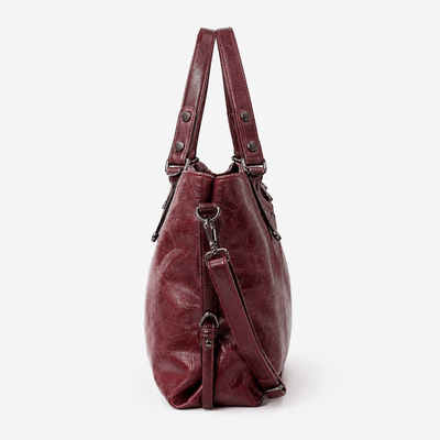 Women's Vintage Burgundy PU Leather Tote Handbag with Shoulder Strap