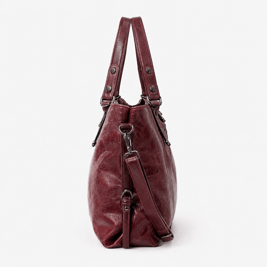 Women's Vintage Burgundy PU Leather Tote Handbag with Shoulder Strap
