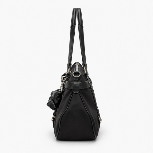 KOREE Black Faux Leather Shoulder Tote Bag with Bow Charm